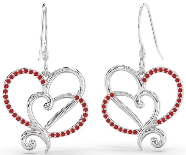 Ruby Platinum Heart Dangle Earrings