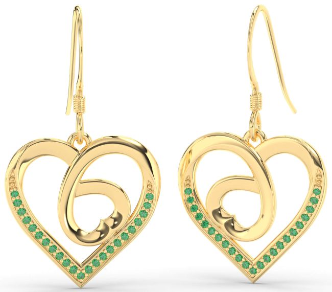 Emerald Gold Silver Heart Dangle Earrings