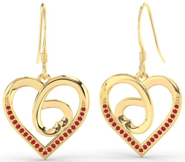 Ruby Gold Silver Heart Dangle Earrings