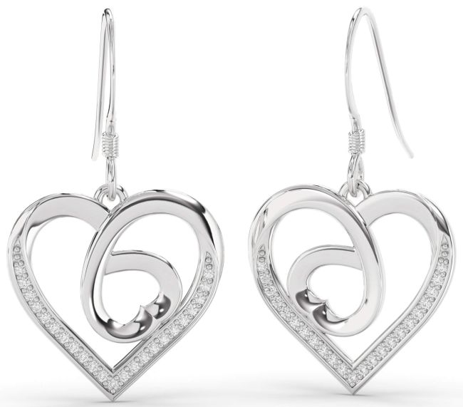 Diamond Platinum Heart Dangle Earrings