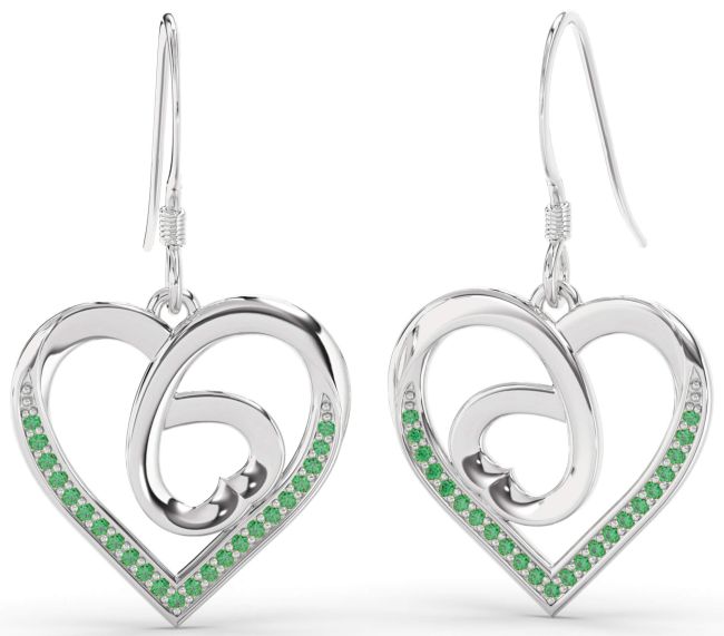 Emerald Platinum Heart Dangle Earrings