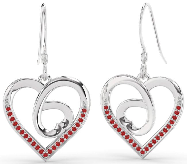 Ruby Platinum Heart Dangle Earrings