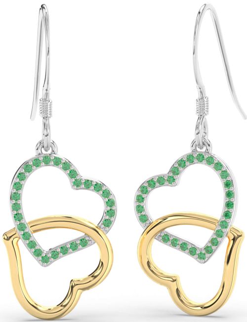 Emerald Gold Silver Heart Interlock Dangle Earrings