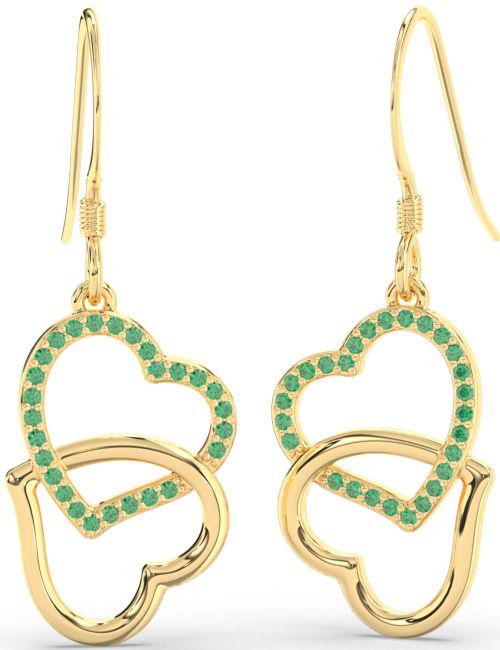 Emerald Gold Silver Heart Interlock Dangle Earrings