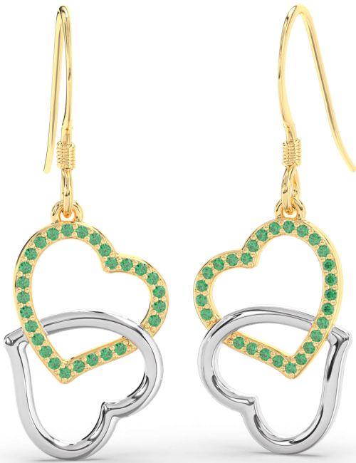 Emerald Gold Silver Heart Interlock Dangle Earrings