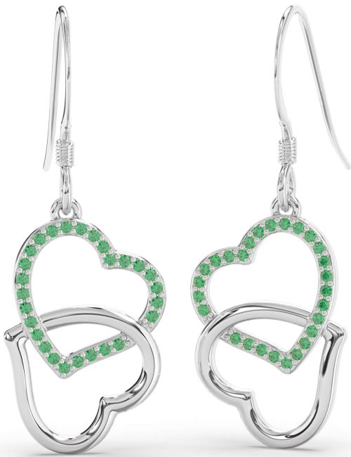 Emerald Platinum Heart Interlock Dangle Earrings