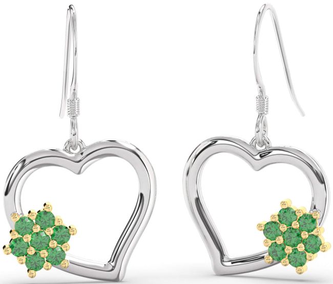 Emerald Gold Silver Heart Dangle Earrings