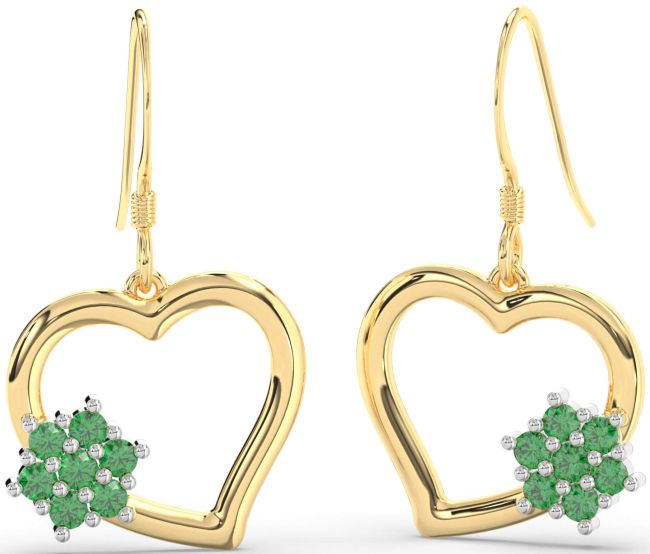 Emerald Gold Silver Heart Dangle Earrings