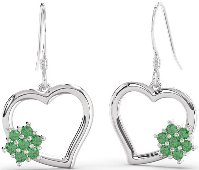 Emerald Platinum Heart Dangle Earrings