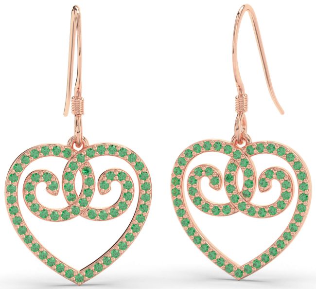 Emerald Rose Gold Heart Dangle Earrings