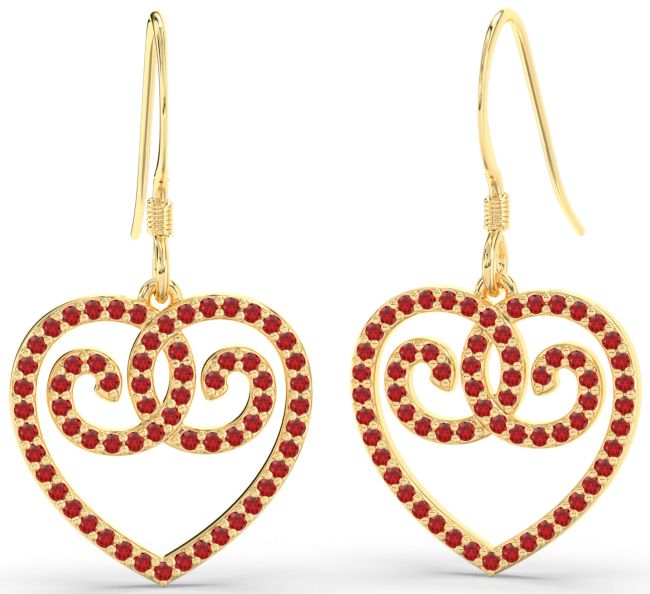 Ruby Gold Silver Heart Dangle Earrings
