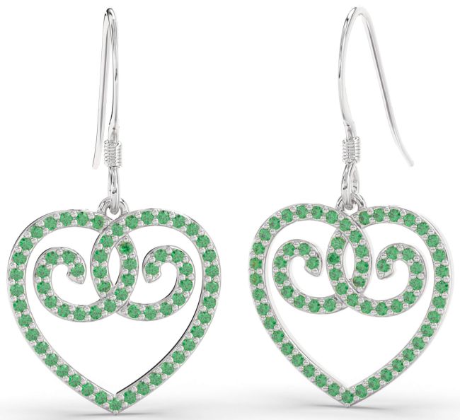 Emerald Platinum Heart Dangle Earrings