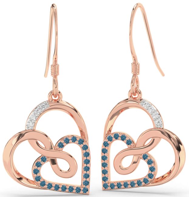 Blue Diamond Rose Gold Silver Heart Infinity Dangle Earrings