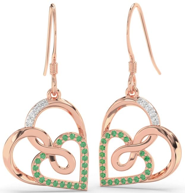 Diamond Emerald Rose Gold Heart Infinity Dangle Earrings