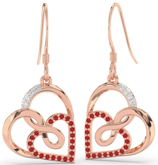 Diamond Ruby Rose Gold Silver Heart Infinity Dangle Earrings