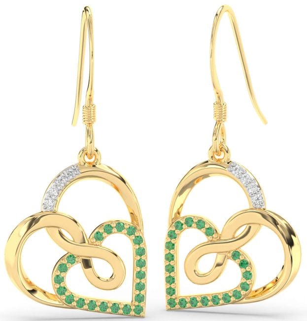 Diamond Emerald Gold Heart Infinity Dangle Earrings