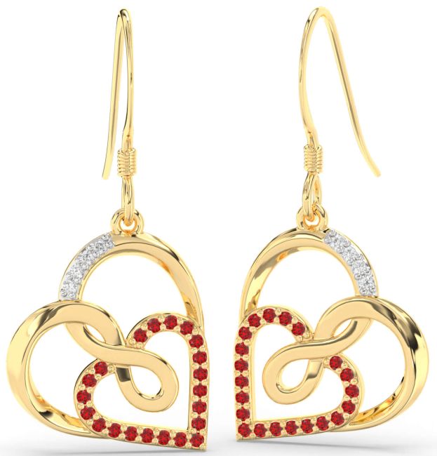 Diamond Ruby Gold Heart Infinity Dangle Earrings