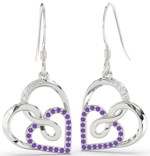 Diamond Amethyst Platinum Heart Infinity Dangle Earrings