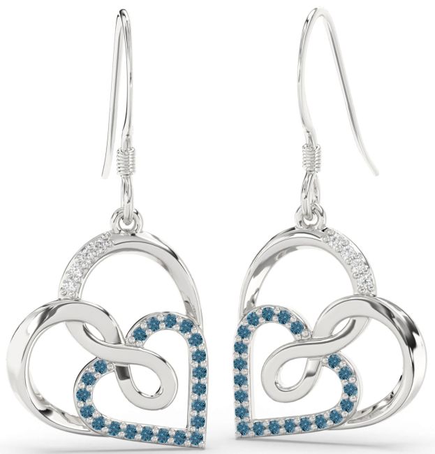 Blue Diamond White Gold Heart Infinity Dangle Earrings