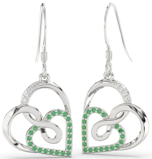 Diamond Emerald Platinum Heart Infinity Dangle Earrings