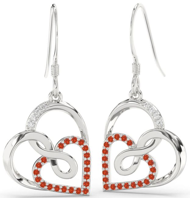 Diamond Fire Opal Silver Heart Infinity Dangle Earrings