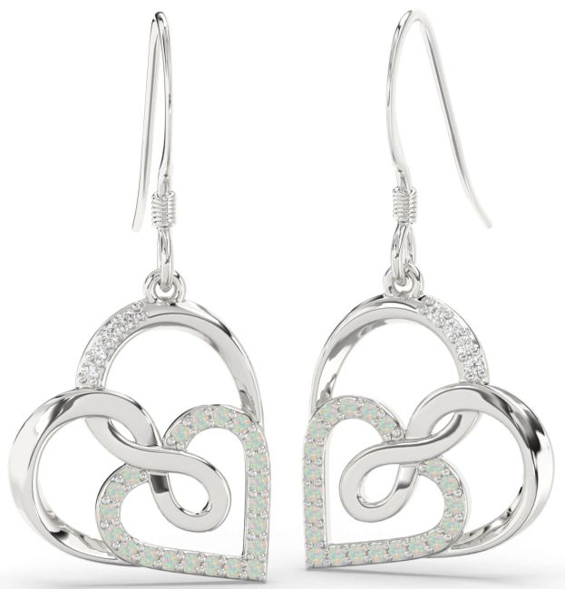 Diamond Opal Platinum Heart Infinity Dangle Earrings
