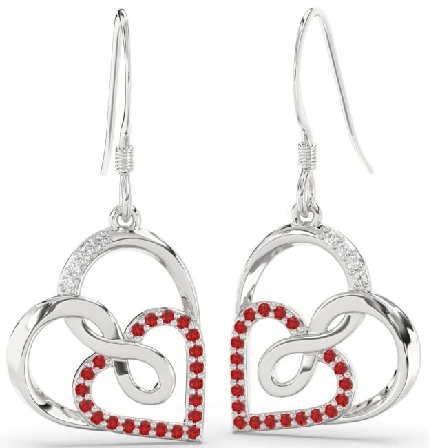 Diamond Ruby Platinum Heart Infinity Dangle Earrings
