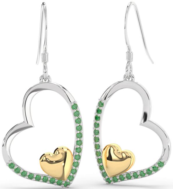 Emerald Gold Silver Heart Dangle Earrings