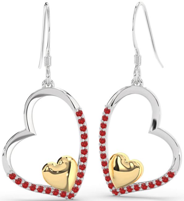 Ruby Gold Silver Heart Dangle Earrings