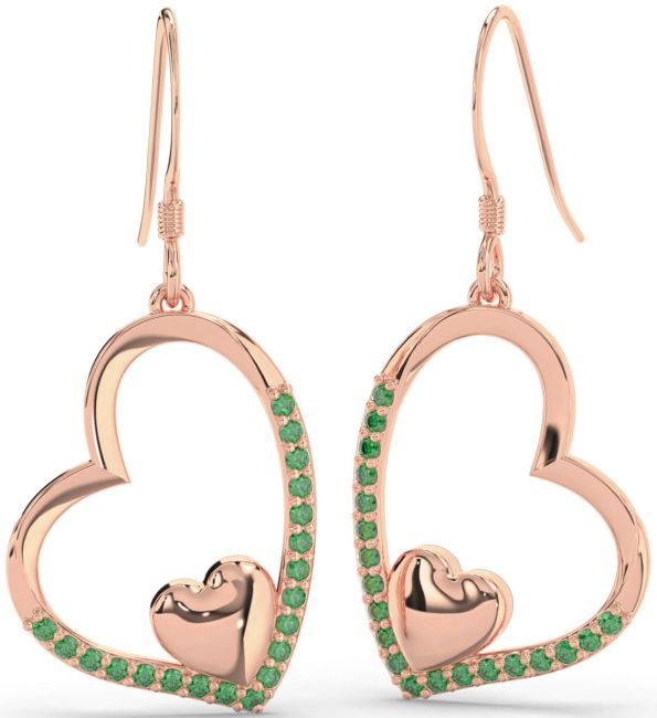 Emerald Rose Gold Heart Dangle Earrings