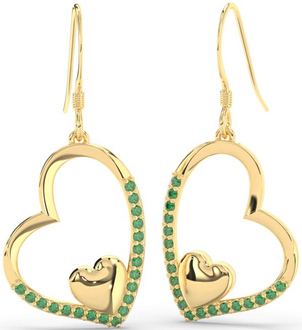 Emerald Gold Silver Heart Dangle Earrings