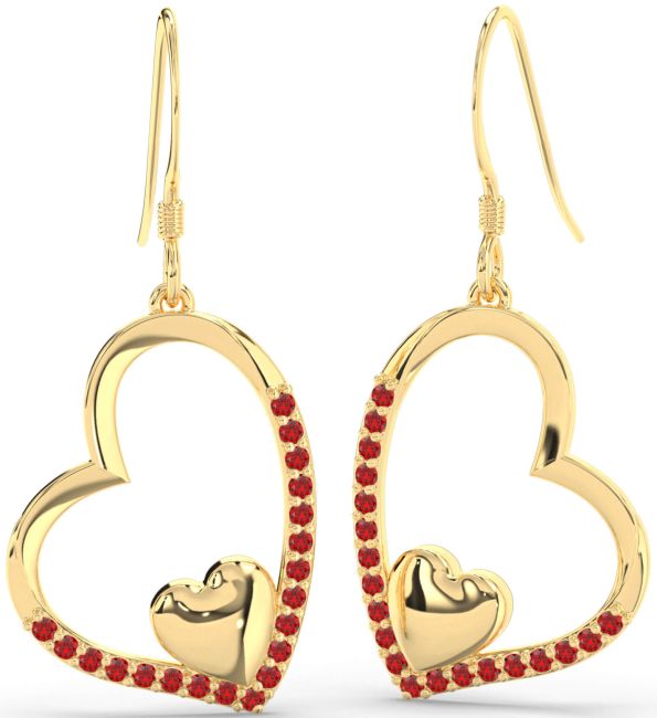 Ruby Gold Heart Dangle Earrings