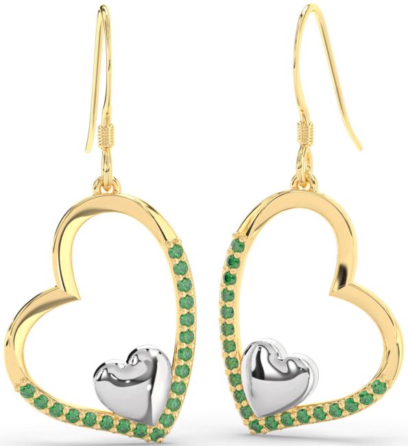 Emerald Gold Silver Heart Dangle Earrings
