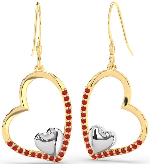 Ruby Gold Silver Heart Dangle Earrings