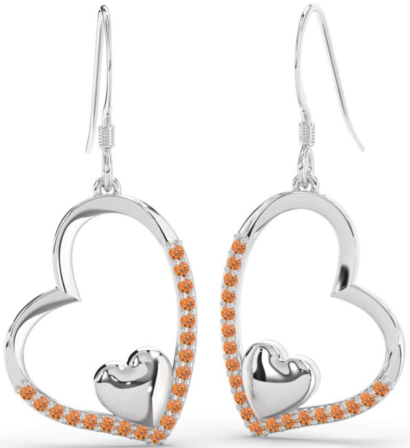 Citrine Platinum Heart Dangle Earrings