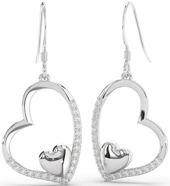 Diamond Platinum Heart Dangle Earrings