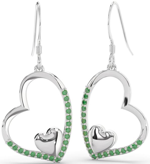 Emerald Platinum Heart Dangle Earrings