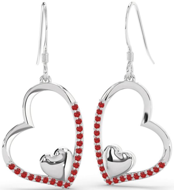 Ruby Platinum Heart Dangle Earrings