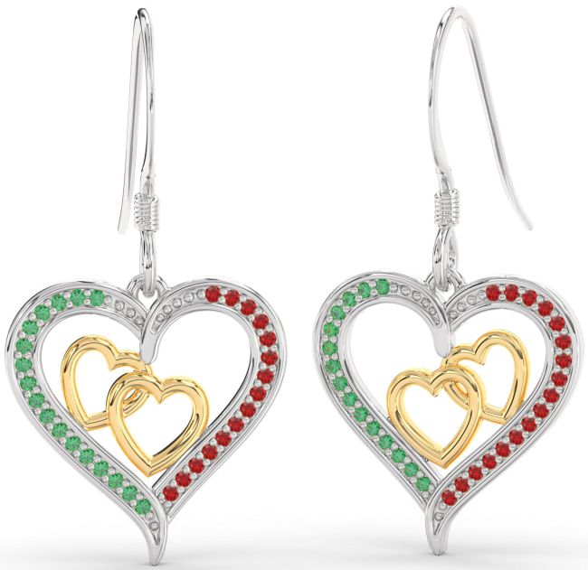 Emerald & Ruby Gold Silver Heart Dangle Earrings