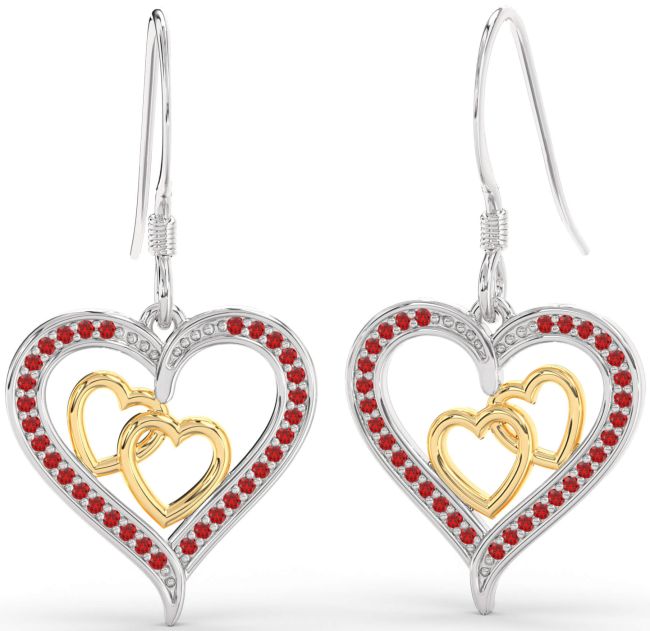 Ruby Gold Silver Heart Dangle Earrings