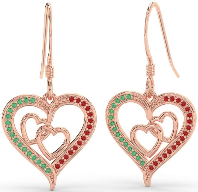 Emerald & Ruby Rose Gold Heart Dangle Earrings