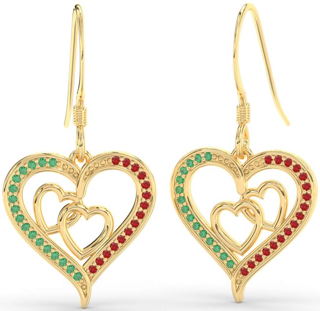 Emerald & Ruby Gold Silver Heart Dangle Earrings