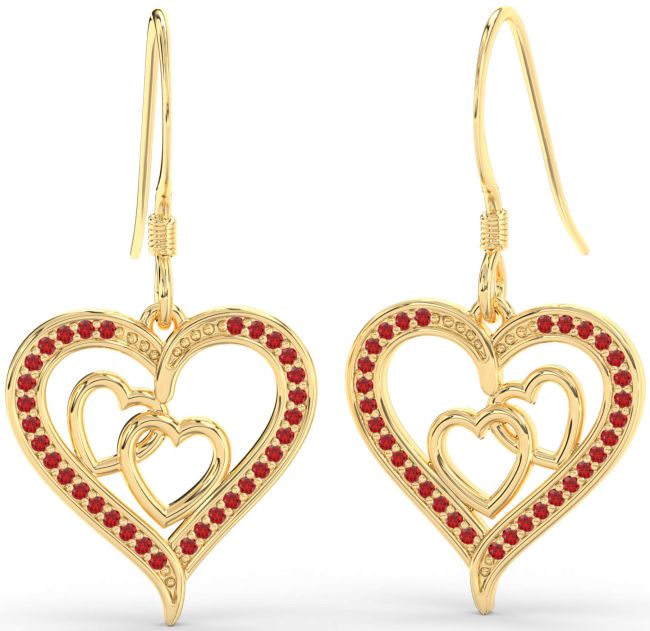 Ruby Gold Silver Heart Dangle Earrings