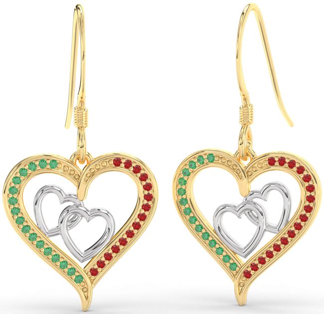 Emerald & Ruby Gold Silver Heart Dangle Earrings