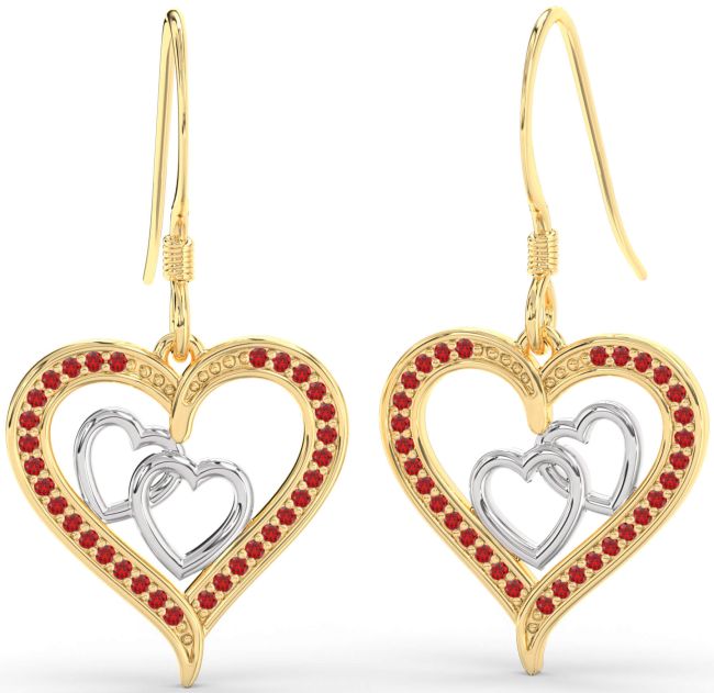 Ruby Gold Silver Heart Dangle Earrings