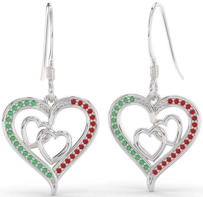 Emerald & Ruby Platinum Heart Dangle Earrings