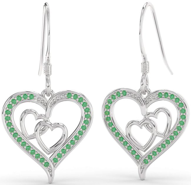 Emerald Platinum Heart Dangle Earrings