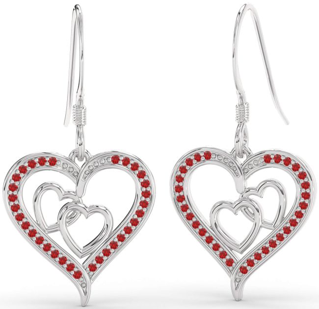 Ruby Platinum Heart Dangle Earrings