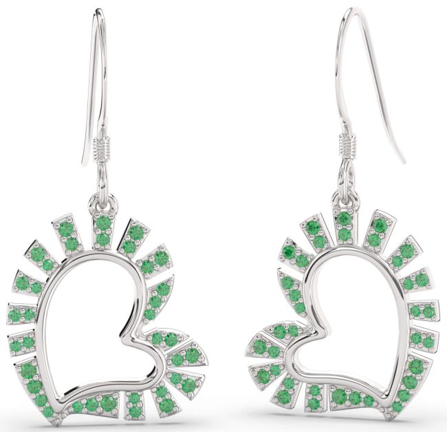 Emerald Platinum Heart Dangle Earrings
