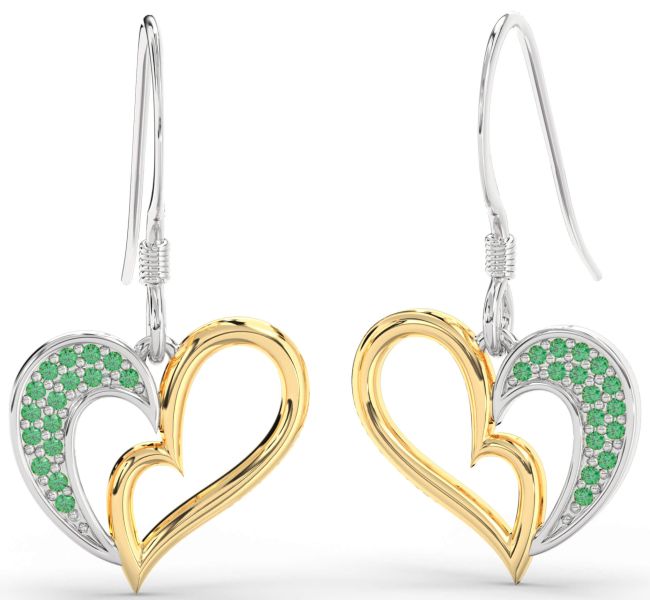 Emerald Gold Silver Heart Dangle Earrings
